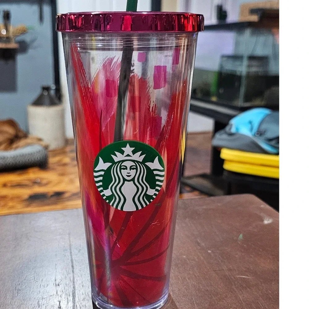 Starbucks‎ 2014 Red Magenta Brushstroke Venti Cold Cup Tumbler 24oz With Straw